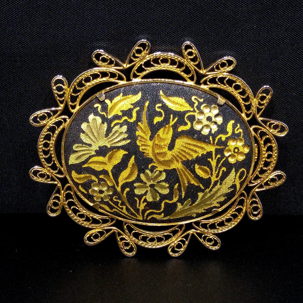 Vintage Spanish Damascene Brooch, Gold Inlay Bird Flower Pin, Filigree Frame